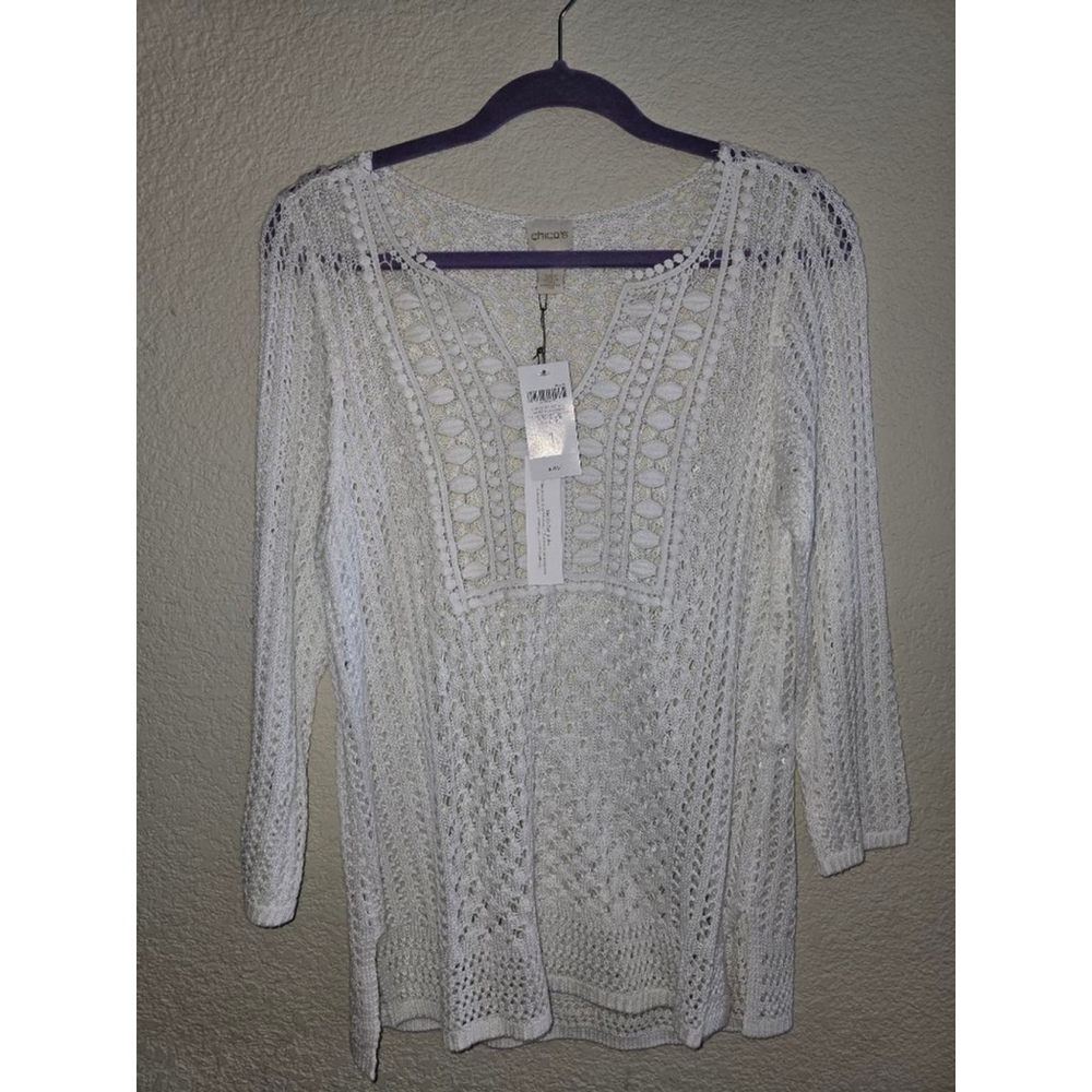 Women's Chico's White Crochet V-Neck Sweater Size NWT